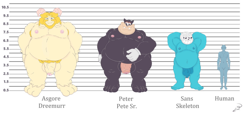 anthro asgore_dreemurr balls blonde_hair body_hair bone boss_monster bovid caprine chubby_male disney domestic_cat felid feline felis fur genitals goat goof_troop group hair hi_res human jon_noj long_ears male male/male mammal monster pete_(disney) peter_pete_sr. sans_(undertale) size_difference skeleton smile text undertale undertale_(series) white_body white_fur