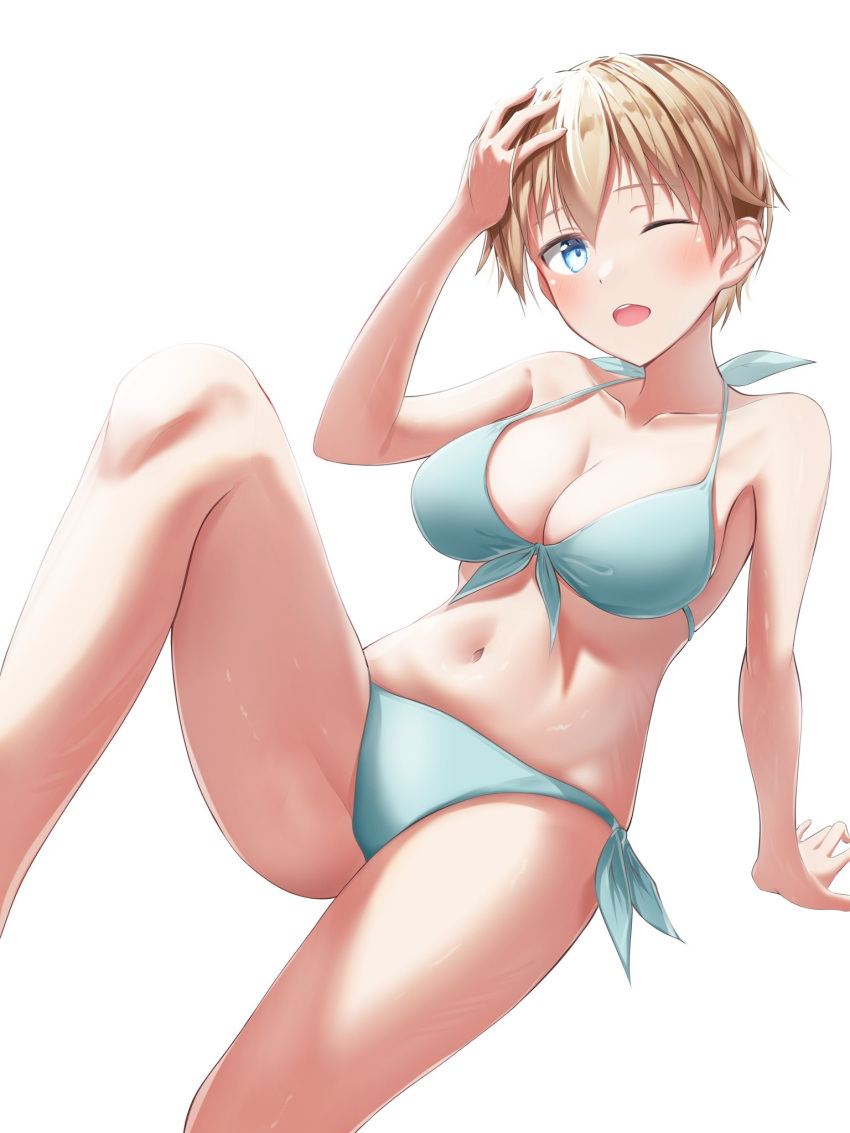 1girl arm_support bikini blonde_hair blue_bikini blue_eyes blush brave_witches breasts cleavage collarbone hand_on_own_head highres iwabuchi501 large_breasts looking_at_viewer navel nikka_edvardine_katajainen one_eye_closed open_mouth short_hair side-tie_bikini_bottom simple_background solo swimsuit white_background world_witches_series
