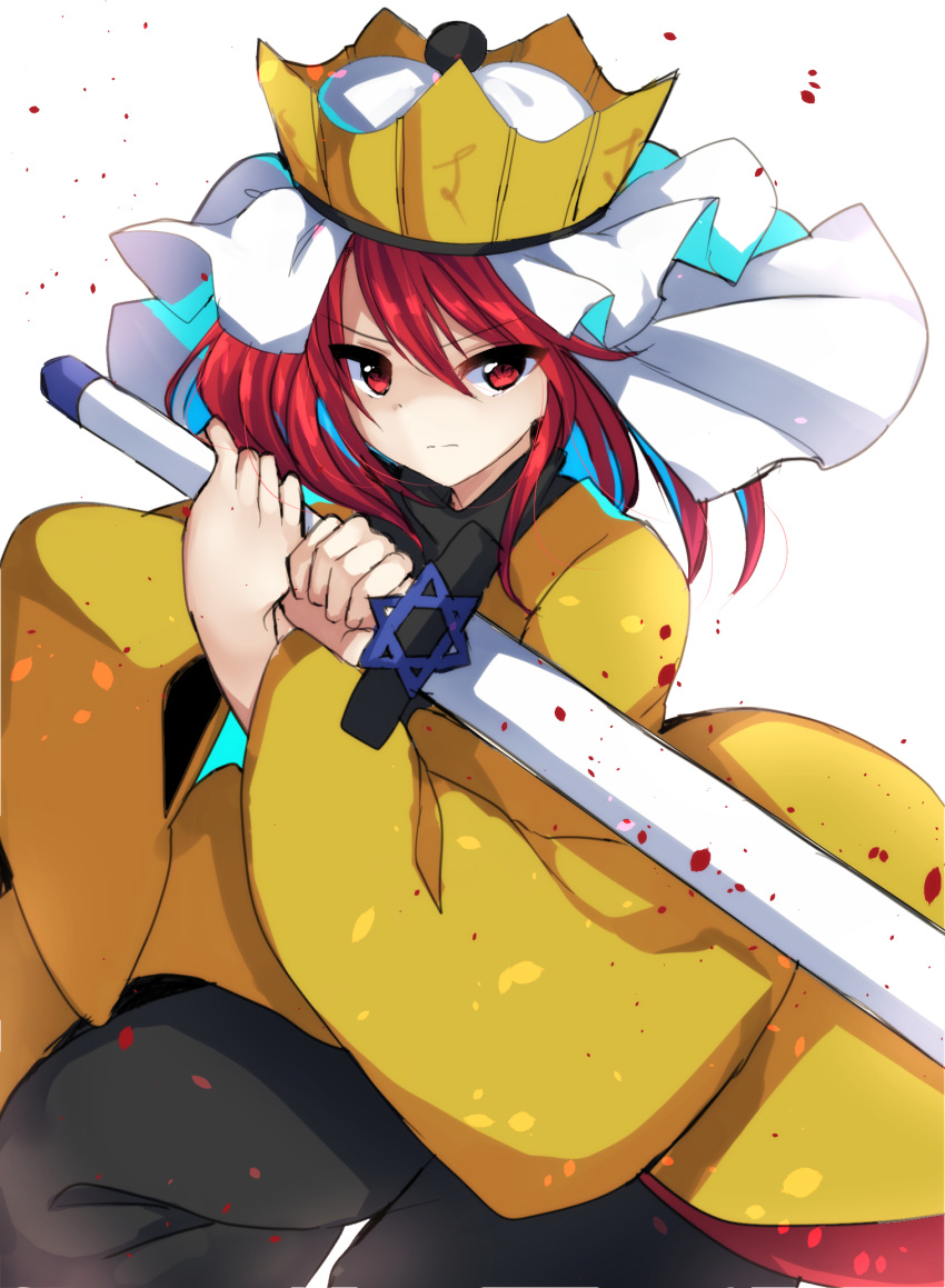 1other androgynous black_pants black_sweater blood_drop closed_mouth commentary_request crown frown hakama hakama_pants hexagram highres holding holding_sword holding_weapon japanese_clothes kimono len'en long_sleeves looking_at_viewer medium_hair ooya_kunimitsu ougi_hina pants red_eyes red_hair solo star_of_david sweater sword turtleneck v-shaped_eyebrows weapon white_background white_veil wide_sleeves yellow_headwear yellow_kimono