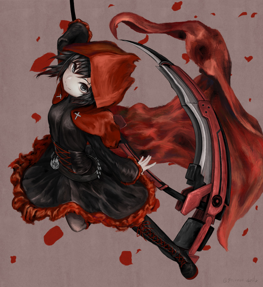 1girl absurdres black_dress black_hair boots brown_background cape crescent_rose cross-laced_footwear dress falling_petals frilled_dress frills grey_eyes highres holding holding_scythe holding_weapon hood hooded_cape knee_boots lace-up_boots petals red_cape rose_petals ruby_rose rwby scythe short_hair solo weapon