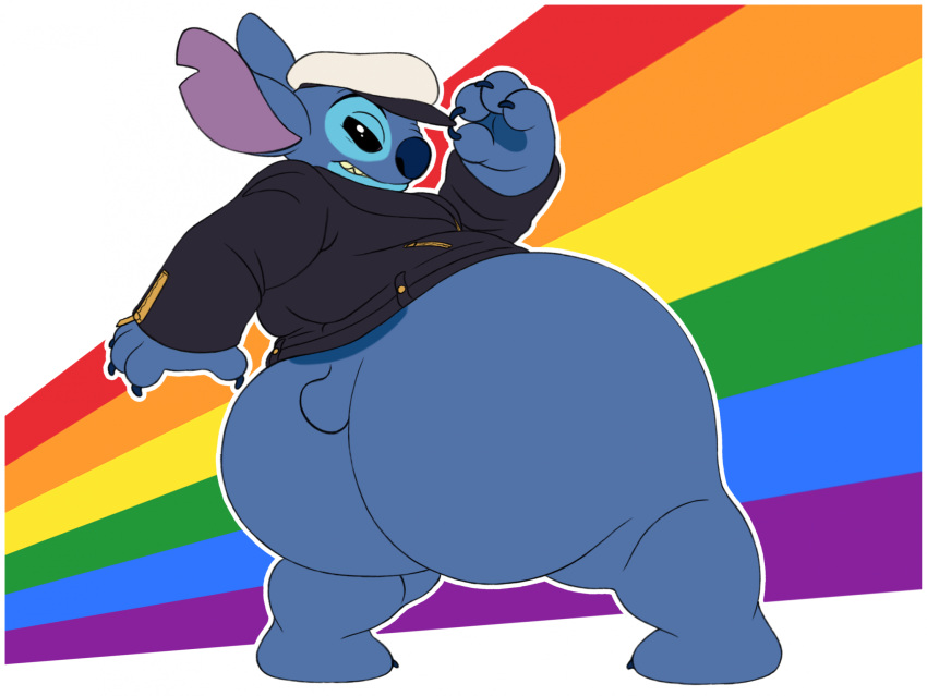 2023 4_fingers 6/26 alien anthro back_markings big_butt biped black_eyes blue_body blue_nose blue_pawpads bottomless bottomless_anthro bottomless_male butt claws clothed clothing digital_media_(artwork) disney disney_parks disneyland experiment_(lilo_and_stitch) finger_claws fingers flat_colors hat headgear headwear hi_res huge_butt jacket leather leather_clothing leather_jacket leather_topwear lgbt_history_month lgbt_pride lilo_and_stitch male markings notched_ear outline overweight overweight_anthro overweight_male pawpads pride_colors rainbow_pride_colors small_tail solo standing stitch_(lilo_and_stitch) tail toe_claws topwear vetoknox