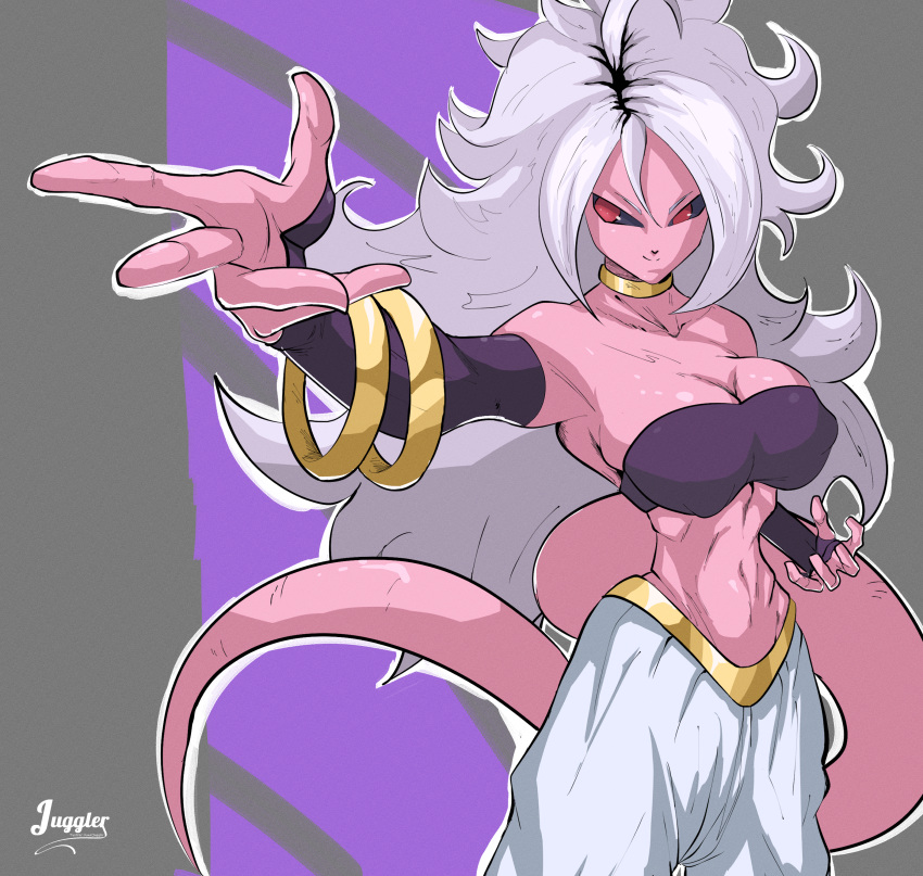 absurd_res bottomwear breasts cleavage clothed clothing dragon_ball_fighterz female hair hi_res humanoid juggler_(artist) majin_android_21 not_furry pants pink_body solo white_hair