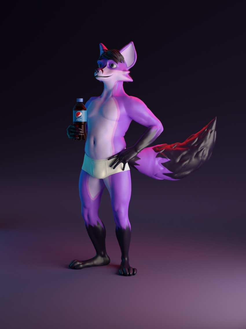 3d_(artwork) anthro azer barefoot beverage black_body black_fur black_hair black_nose briefs briefs_only bulge canid canine clothed clothing digital_media_(artwork) feet fox fur gradient_background hair hand_on_hip hi_res holding_beverage holding_drink_bottle holding_object huskydeschain male mammal open_mouth pepsi purple_background purple_body purple_fur simple_background smile soda solo teeth_showing tighty_whities topless underwear underwear_only white_briefs white_clothing white_underwear