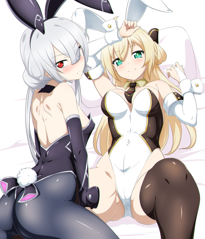 2girls adapted_costume animal_ears back backless_outfit bed blonde_hair blush brown_thighhighs cameltoe danpu duel_monster fake_animal_ears green_eyes grey_hair highres leotard long_hair looking_at_viewer looking_back lying multiple_girls necktie on_back on_bed pantyhose pillow playboy_bunny rabbit_ears rabbit_tail red_eyes sky_striker_ace_-_raye sky_striker_ace_-_roze smile tail thighhighs wrist_cuffs yu-gi-oh! zettai_ryouiki