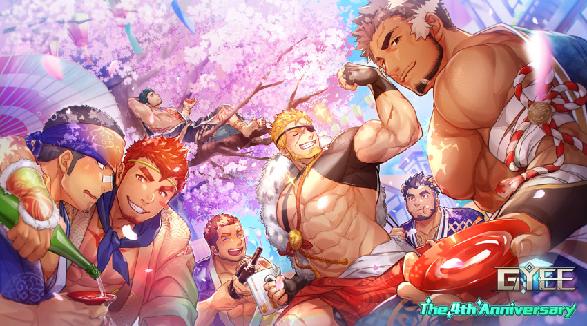 abs alca_(wakatanka4) alcohol animal_ears armband beard belt biceps black_hair blonde_hair blue_sky blush bottle cherry_blossoms chest_tattoo choko_(cup) closed_eyes cup diadem eating extra_ears eyepatch facial_hair falling_petals fingerless_gloves flexing gauntlets gloves gozu_farm gyee headband highres japanese_clothes kamui_(gyee) kimono kong_(gyee) large_pectorals leg_tattoo logo looking_at_viewer male_focus markus_(gyee) multicolored_hair multiple_boys muscular muscular_male nipples official_art open_mouth outdoors pectorals petals priapus_a._tarou rand_(gyee) red_eyes red_hair sake sake_bottle sitting sky smile smirk sparkle spiked_hair takashi_(gyee) tattoo teeth thick_arms thick_eyebrows tree white_hair