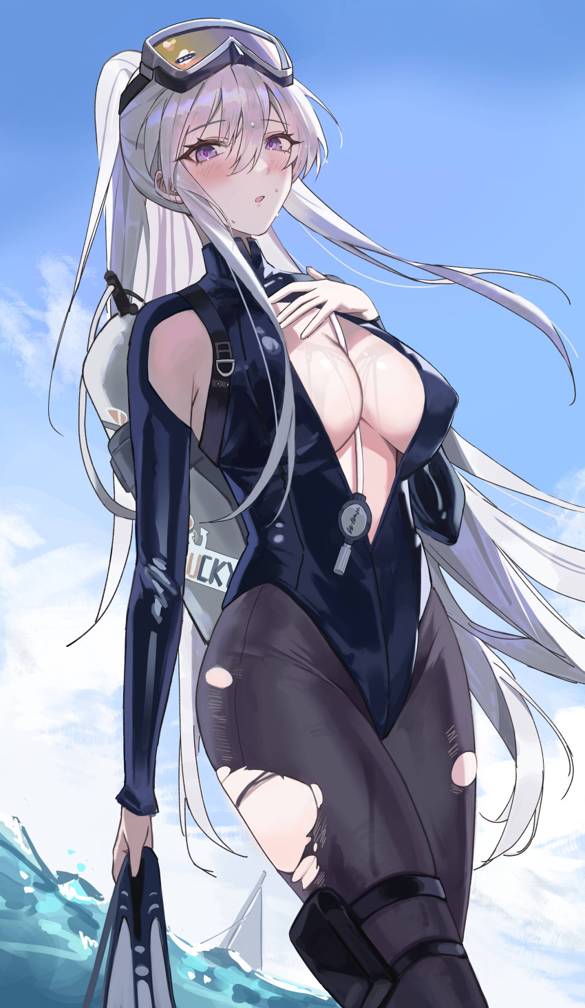 absurdres alternate_costume armpit_cutout azur_lane blue_sky blush bodysuit breasts clothing_cutout cloud cloudy_sky diving_suit enterprise_(azur_lane) enterprise_(diving_under_blue_skies)_(azur_lane) eyebrows_hidden_by_hair flippers goggles goggles_on_head hair_between_eyes haizou_bingsan highres holding in_water large_breasts long_hair looking_at_viewer official_alternate_costume pantyhose plunging_neckline ponytail purple_eyes scuba scuba_tank sky swimsuit torn_clothes torn_pantyhose water wet wetsuit white_hair