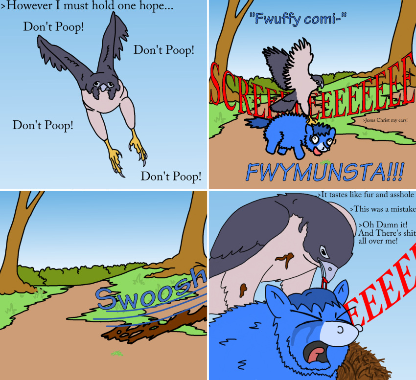 ambiguous_gender avian baby_talk bird blood blue_body blue_fur blue_hair bodily_fluids crying dialogue duo english_text falcon falconid feces feces_on_body feral fluffy_pony fluffy_pony_(species) forest fur gore grass hair hi_res mammal plant pooping screaming shrub tears text tree unknown_artist violence