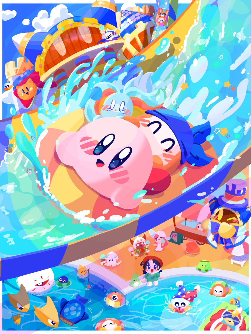 :d ^_^ adeleine amusement_park armor awoofy bandana bandana_waddle_dee beach_chair beach_umbrella beret bird black_hair blank_eyes blue_bandana blue_cape blue_eyes blue_headwear blue_sky blush blush_stickers border bow bowtie building cape chair closed_eyes cloud commentary_request crying day diving_mask double_scoop dress elfilin fish fishing fishing_rod food fur-trimmed_jacket fur_trim goggles gooey_(kirby) green_shirt hat hataraku_ufo highres holding holding_fishing_rod holding_food holding_ice_cream ice_cream ice_cream_cone ice_cream_stand innertube jacket jester_cap jobski kapar_(kirby) kine_(kirby) king_dedede kirby kirby_(series) long_hair lying magolor mamanti marx_(kirby) mask meta_knight multicolored_clothes multicolored_headwear omame_sakana on_back on_cloud one-eyed one_eye_closed open_mouth outdoors outside_border parted_bangs pauldrons pink_hair pitch_(kirby) pool red_bow red_bowtie red_headwear red_jacket scared scarfy shirt short_hair short_sleeves shoulder_armor sky smile soaking_feet soarar splashing squishy_(kirby) standing star_(symbol) star_in_eye sun_hat sundress sunglasses susie_(kirby) symbol_in_eye taranza tears top_hat ufo umbrella waddle_dee waddle_doo water water_slide waterpark white_border white_dress white_headwear zero_(kirby) zoos_(kirby)