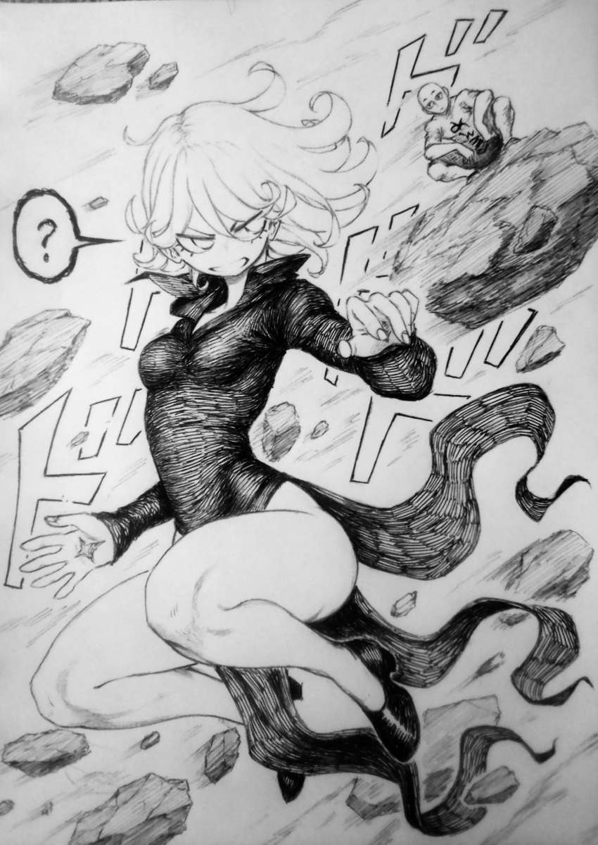 1boy 1girl ? absurdres bald breasts chronozbergh collared_dress debris dress floating floating_object floating_rock graphite_(medium) greyscale highres levitation monochrome one-punch_man saitama_(one-punch_man) short_hair side_slit small_breasts solo_focus speech_bubble squatting tatsumaki telekinesis thighs traditional_media