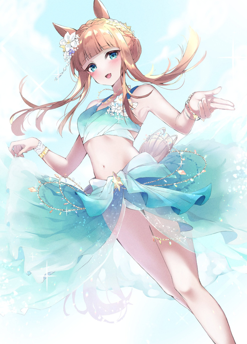 1girl :d absurdres animal_ears aqua_sarong bare_shoulders blunt_bangs braid clothes_lift crown_braid ear_flower feet_out_of_frame flower_on_chest from_below gradient_bikini gradient_sarong highres horse_ears horse_girl horse_tail hpa_hakushaku lifted_by_self looking_at_viewer official_alternate_costume official_alternate_hairstyle orange_hair sarong sarong_lift silence_suzuka_(emerald_on_the_waves)_(umamusume) silence_suzuka_(umamusume) smile summer's_sunlight_fades_to_blue_(umamusume) tail umamusume
