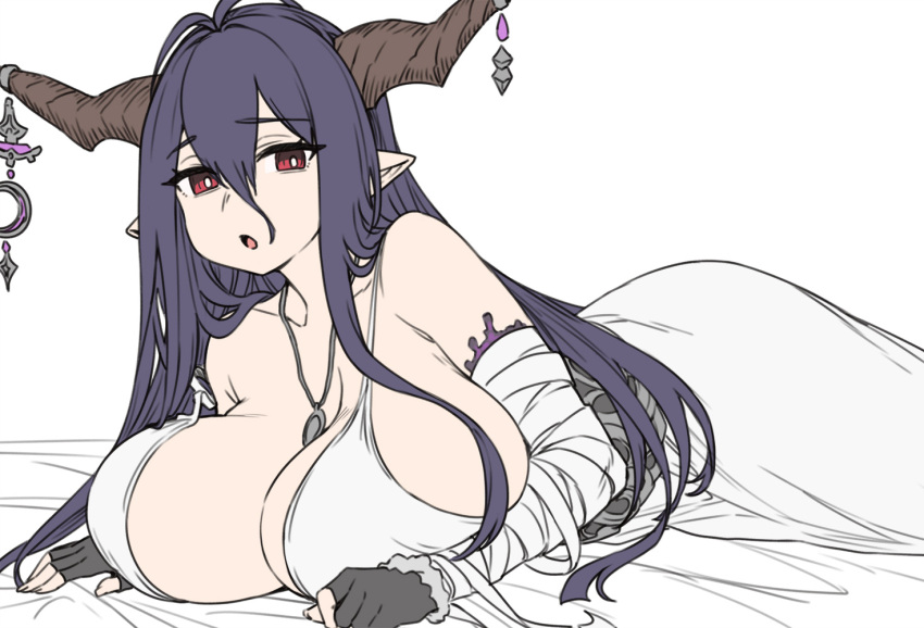 1girl antenna_hair bandaged_arm bandages bare_shoulders black_gloves blush breasts cleavage collarbone danua draph dress fingerless_gloves gloves granblue_fantasy hair_between_eyes horn_ornament horns houtengeki large_breasts long_hair looking_at_viewer lying on_stomach open_mouth pointy_ears purple_hair red_eyes solo white_dress