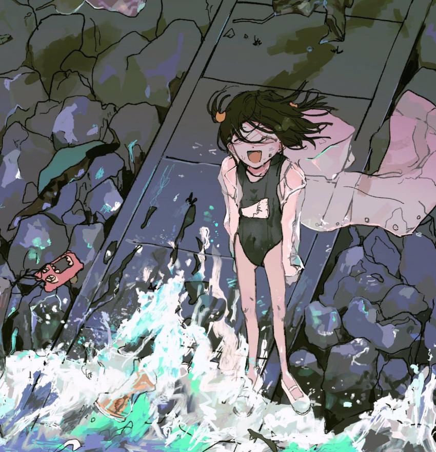 1girl arms_at_sides black_hair black_one-piece_swimsuit closed_eyes coat commentary_request creature crushed_can dobunomeme facing_up facing_viewer fang floating_hair from_above full_body highres hood hood_down one-piece_swimsuit open_clothes open_coat open_mouth original rock school_swimsuit shoes shore smile solo standing swimsuit transparent_raincoat two_side_up uwabaki waves wet wind