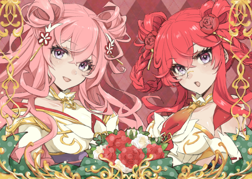 2girls ayakashi_rumble! braid braided_hair_rings breasts curly_hair double_bun eyelashes flower hair_bun hair_flower hair_ornament highres hualin_(ayakashi_rumble!) kinoshita_sakura lanhua_(ayakashi_rumble!) long_hair looking_at_viewer monocle multiple_girls open_mouth pink_hair pink_nails purple_eyes red_flower red_hair red_rose rose sidelocks smile twin_braids upper_body white_flower