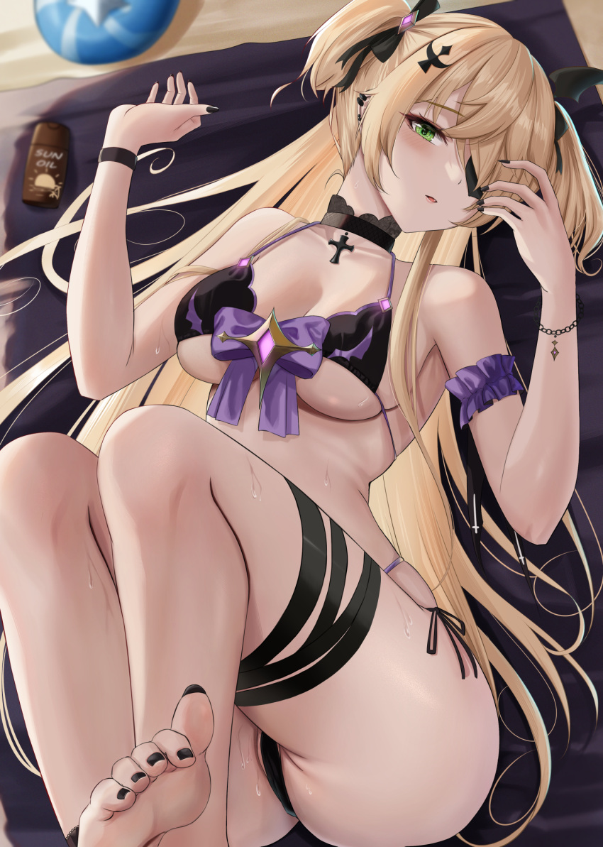 1girl alternate_costume bare_shoulders bikini black_bikini black_nails blonde_hair blush breasts cleavage collarbone commentary_request eyepatch feet fischl_(genshin_impact) genshin_impact green_eyes highres large_breasts long_hair looking_at_viewer lotion lying nail_polish on_back one_eye_covered parted_lips solo sunscreen swimsuit thigh_strap toes towel two_side_up yamikyon