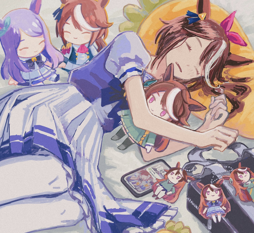 1girl animal_ears bag bow bowtie brown_hair carrot_pillow cellphone character_doll closed_eyes commentary eokaku_surimi frilled_skirt frills hair_ribbon highres horse_ears horse_girl keychain long_hair lying mejiro_mcqueen_(umamusume) multicolored_hair open_mouth phone pink_eyes pink_ribbon pleated_skirt ponytail puffy_short_sleeves puffy_sleeves purple_bow purple_bowtie purple_hair purple_serafuku purple_shirt ribbon sailor_collar sailor_shirt school_bag school_uniform serafuku shirt short_hair short_sleeves skirt sleeping smartphone solo streaked_hair summer_uniform swept_bangs symbol-only_commentary symboli_rudolf_(umamusume) tokai_teio_(umamusume) tracen_school_uniform umamusume white_skirt