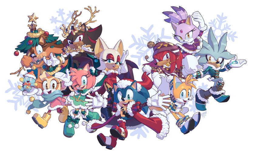 1other 5boys 5girls absurdres alternate_costume amy_rose animal_ears animal_nose antlers aqua_eyes arm_up arms_up artist_name bare_shoulders bat_ears bat_girl bat_wings belt black_belt black_footwear black_fur black_thighhighs blaze_the_cat blue_eyes blue_footwear blue_fur blue_jacket blue_scarf blue_skin body_fur boots bow bowtie bracelet breasts brown_cape brown_capelet brown_eyes brown_footwear brown_fur buttons cape capelet cat_ears cat_girl cheese_(sonic) christmas_tree closed_eyes closed_mouth coat colored_skin cream_the_rabbit creature decorations deer_antlers dress earrings elbow_gloves english_commentary evan_stanley eyelashes eyeshadow fake_antlers fang footwear_bow forehead_jewel fox_boy fox_ears fox_tail fur-trimmed_cape fur-trimmed_capelet fur-trimmed_coat fur-trimmed_dress fur-trimmed_footwear fur-trimmed_gloves fur-trimmed_headwear fur-trimmed_jacket fur_trim furry furry_female furry_male garter_belt gem gloves gold_trim green_bow green_cape green_capelet green_dress green_eyes green_footwear green_hairband green_jacket green_pantyhose grey_fur hairband hand_up hands_up hat hedgehog hedgehog_ears hedgehog_girl hedgehog_tail high_heels highres holding holding_stick jacket jewelry juliet_sleeves knuckles_the_echidna leg_up lipstick long_sleeves looking_at_viewer looking_to_the_side makeup medium_breasts mini_wings multiple_boys multiple_girls multiple_tails one_eye_closed open_clothes open_coat open_jacket open_mouth orange_bow orange_bowtie orange_fur orange_headwear pants pantyhose pink_coat pink_dress pink_fur pom_pom_(clothes) puffy_sleeves purple_capelet purple_dress purple_eyes purple_fur purple_gemstone purple_pants rabbit_ears rabbit_girl red_coat red_dress red_eyes red_eyeshadow red_footwear red_fur red_headwear rouge_the_bat santa_costume santa_hat scarf shadow_the_hedgehog silver_the_hedgehog simple_background sleeveless sleeveless_dress smile snowflakes sonic_(series) sonic_the_hedgehog standing star_(symbol) stick sticks_the_badger striped striped_dress striped_pantyhose tail tassel teeth thighhighs tongue topknot two-tone_dress two-tone_footwear two-tone_fur two_tails white_background white_footwear white_fur white_gloves wings winter_clothes yellow_eyes yellow_footwear yellow_fur yellow_pantyhose