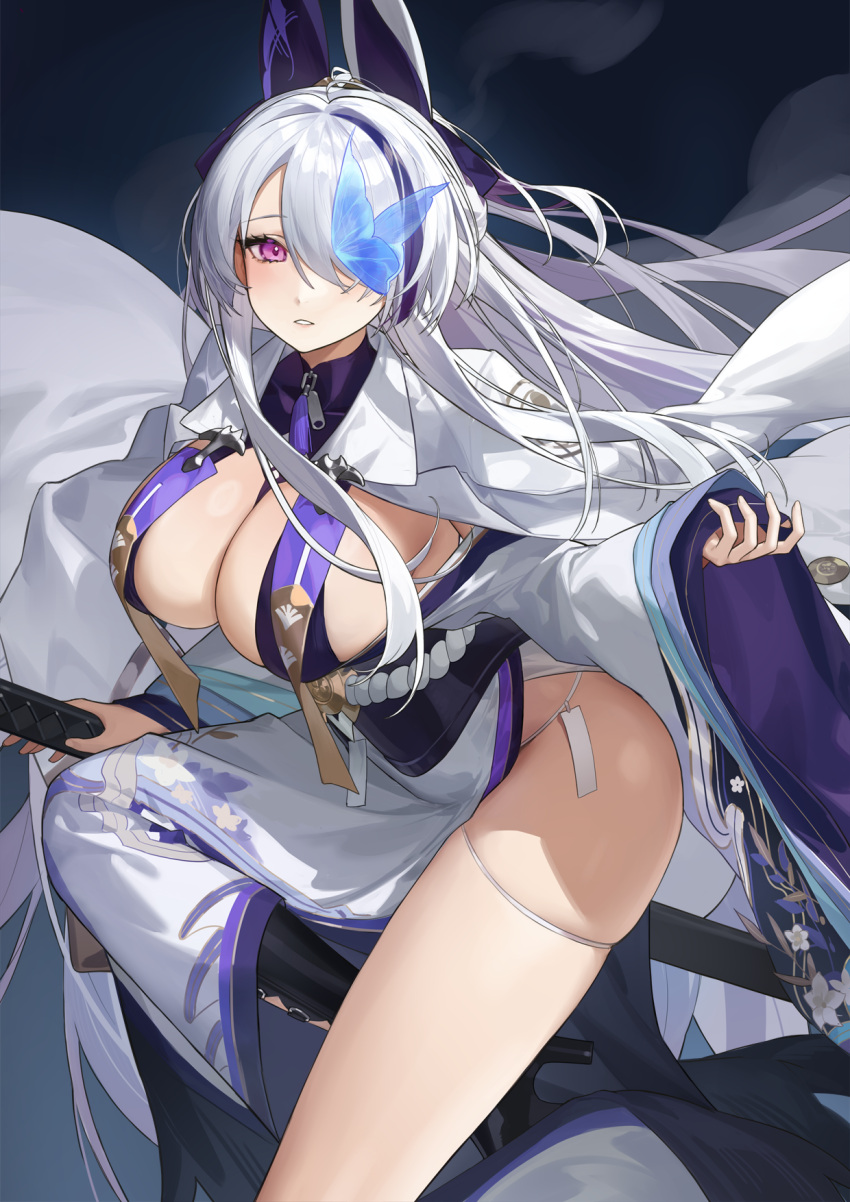 1girl animal_ears azur_lane blue_butterfly braid breasts bug butterfly cleavage clothes_lift clothes_pull dress eyepatch floral_print hair_ornament hair_over_one_eye high_heels highres holding holding_sword holding_weapon horns jacket japanese_clothes katana kimono large_breasts long_hair long_sleeves looking_at_viewer no_bra obi on_one_knee one_eye_covered panties parted_lips purple_eyes red_cucumber robe sash sheath sheathed shoes side_slit skindentation skirt skirt_lift skirt_pull solo sword tail thigh_strap thighs underwear unzen_(azur_lane) very_long_hair weapon white_hair wide_sleeves