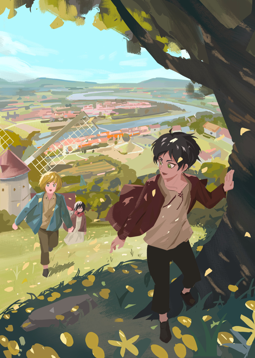 1girl 2boys absurdres armin_arlert black_hair blonde_hair blue_eyes eren_yeager full_body grass highres house in-universe_location leaf long_sleeves mikasa_ackerman multiple_boys perspective running shingeki_no_kyojin shirt short_hair smile tree tree_shade under_tree windmill zb_relic