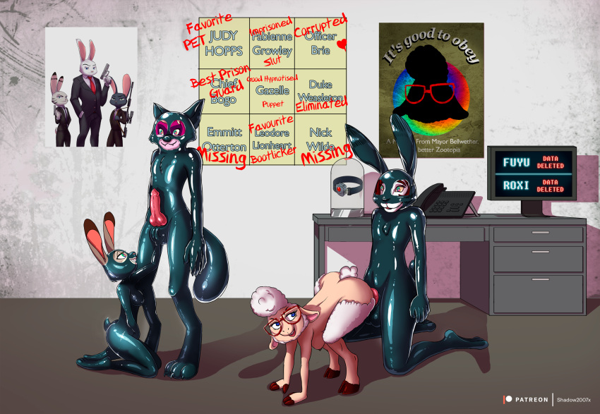 2017 all_fours anthro blonde_hair bovid brown_hair caprine collar colored computer dawn_bellwether digital_media_(artwork) disney domestic_ferret dominant dominant_female drone dronification eyewear female foursome fuyu_graycen gimp_suit glasses group group_sex hair hi_res highlights_(coloring) hybrid hypnosis judy_hopps lagomorph latex leporid living_latex male male/female mammal mind_control mustelid musteline office pink_highlights rabbit roxi_(latexity) rubber sex shadow2007x sheep shock_collar spiral_eyes submissive submissive_male true_musteline uncensored weasel zootopia