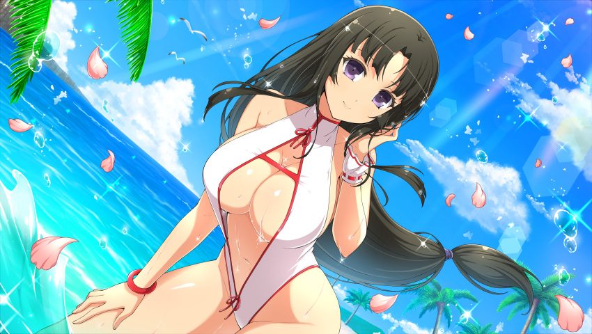 1girl absurdres armpits bad_link bangle bare_shoulders beach bird black_hair blue_sky blush bracelet breasts brown_eyes center_opening cleavage cliff cloud day hand_in_own_hair hand_on_leg highres hime_cut horizon jewelry large_breasts long_hair looking_at_viewer low-tied_long_hair mountain navel ocean official_art one-piece_swimsuit outdoors palm_tree petals queen's_blade seagull senran_kagura senran_kagura_new_link sky smile solo swimsuit tomoe_(queen's_blade) tree water water_drop wet wrist_cuffs yaegashi_nan