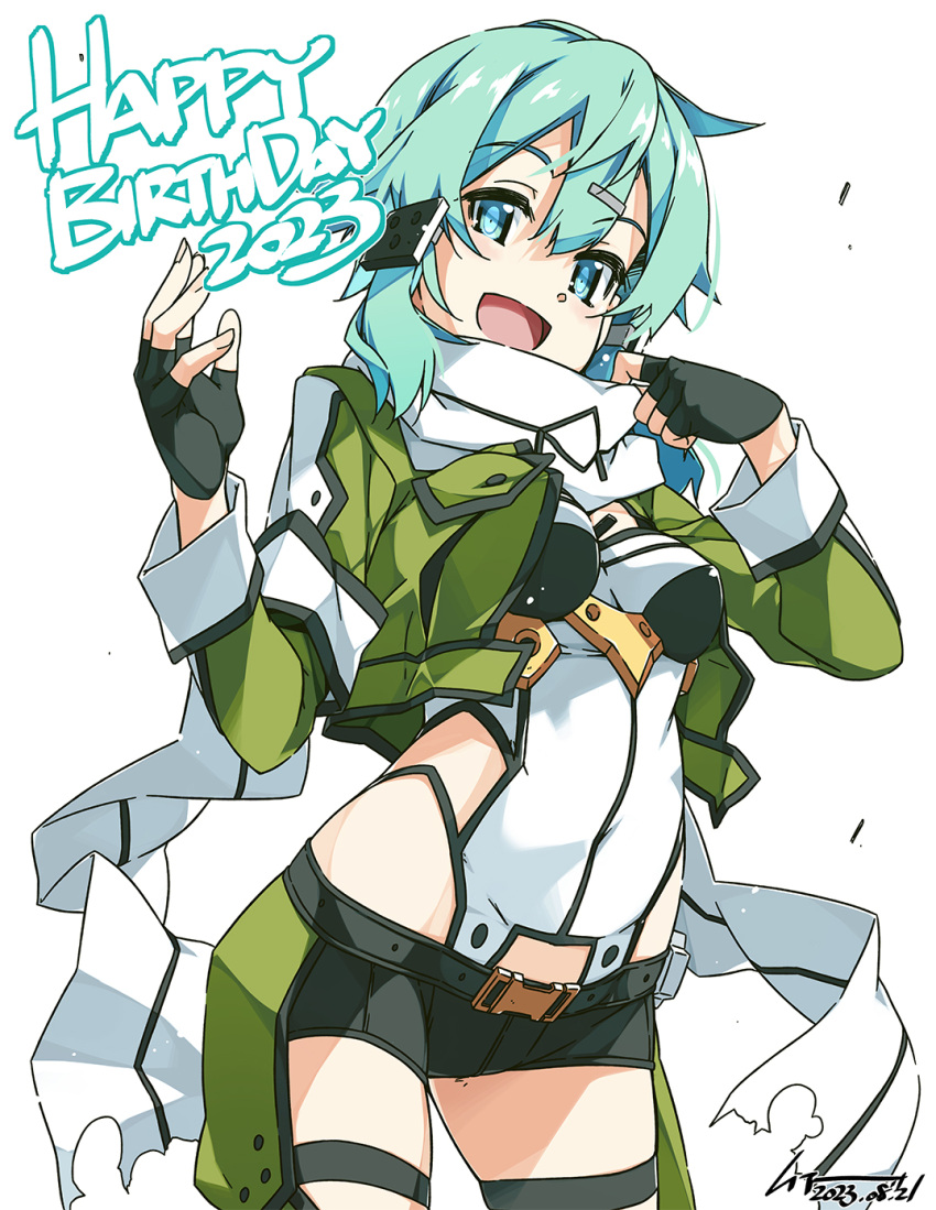 1girl aqua_eyes aqua_hair black_shorts breasts cropped_jacket fingerless_gloves gloves gun hair_between_eyes hair_ornament hairclip happy_birthday highres holding looking_at_viewer open_mouth rifle scarf shikei shiny_skin short_hair short_shorts shorts sidelocks simple_background sinon smile solo standing sword_art_online weapon white_background