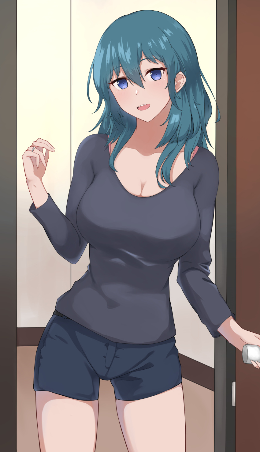 1girl absurdres black_shirt black_shorts blue_eyes breasts byleth_(female)_(fire_emblem) byleth_(fire_emblem) cleavage commentary cowboy_shot dark_green_hair fire_emblem fire_emblem:_three_houses hand_up highres jewelry large_breasts long_sleeves looking_at_viewer medium_hair open_door open_mouth ring s@turday shirt shorts smile solo teeth upper_teeth_only