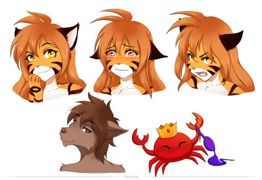 anthro arthropod brown_body brown_fur brown_hair canid canine canis clothing crab crustacean decapoda duo felid feline female feral flora_(twokinds) fur hair malacostracan male mammal marine narikusha pantherine sad smile tiger twokinds webcomic webcomic_character wolf zen_(twokinds)