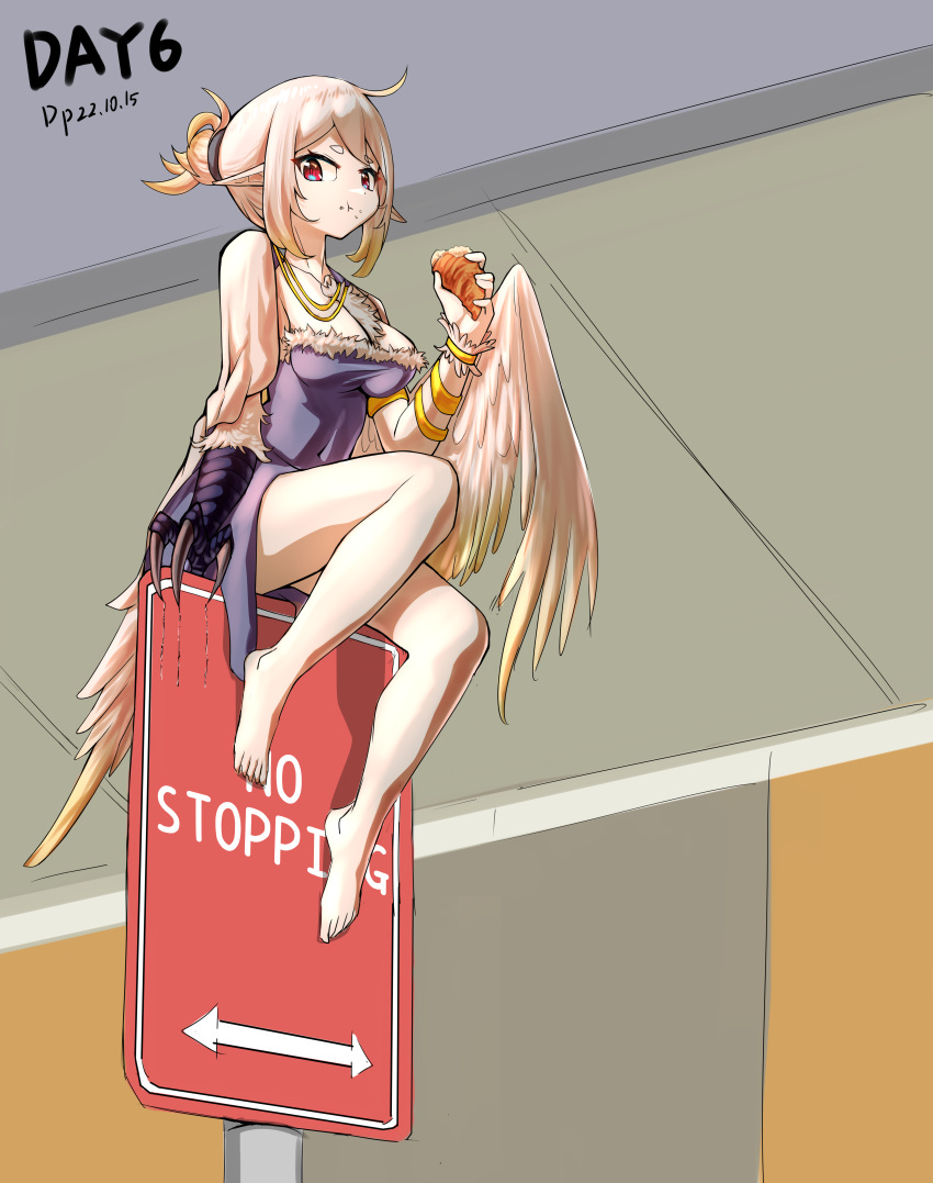 1girl :t absurdres ahoge animal_hands barefoot bird_tail black_dress breasts brown_hair claw_mark claws commentary_request covered_navel croissant crumbs dated dress eating feathered_wings feet food gaoling_gangqin hair_bun harpy highres holding holding_food medium_breasts monster_girl original personification pointy_ears red_eyes road_sign sign solo tail tail_feathers winged_arms wings