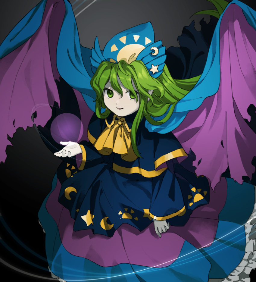1girl black_background blue_capelet bow bowtie capelet commentary_request crescent dress gradient_background green_eyes green_hair grey_background hat highres kaigen_1025 long_hair long_sleeves looking_at_viewer mima_(touhou) orb parted_lips solo star_(symbol) story_of_eastern_wonderland sun_print sun_symbol touhou touhou_(pc-98) wings wizard_hat yellow_bow yellow_bowtie