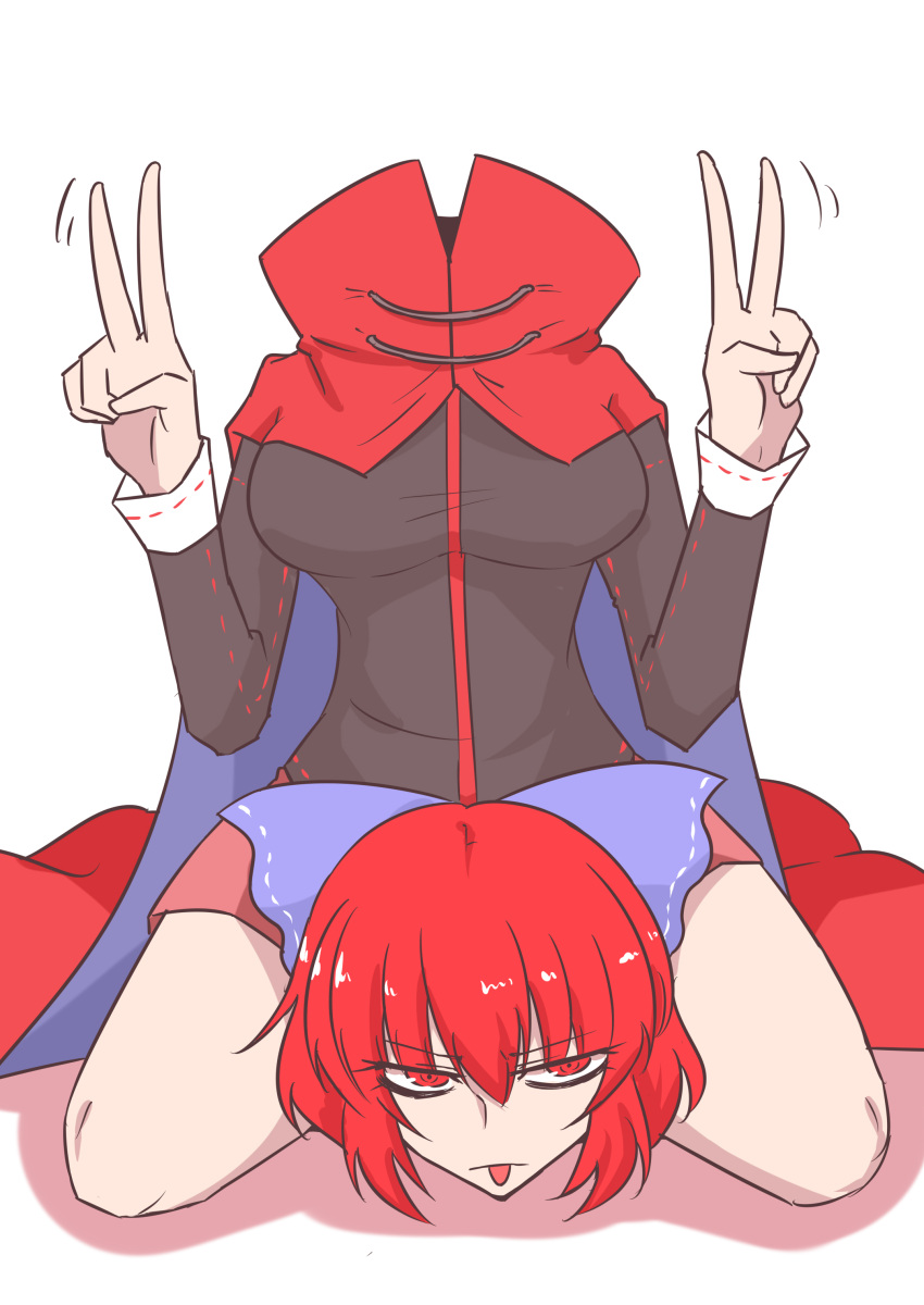 1girl absurdres blue_bow bow breasts burijittou cape cloak disembodied_head double_v dullahan full_body highres kneeling long_sleeves looking_at_viewer miniskirt red_eyes red_hair sekibanki sekibanki_day short_hair skirt solo thighs tongue tongue_out touhou v