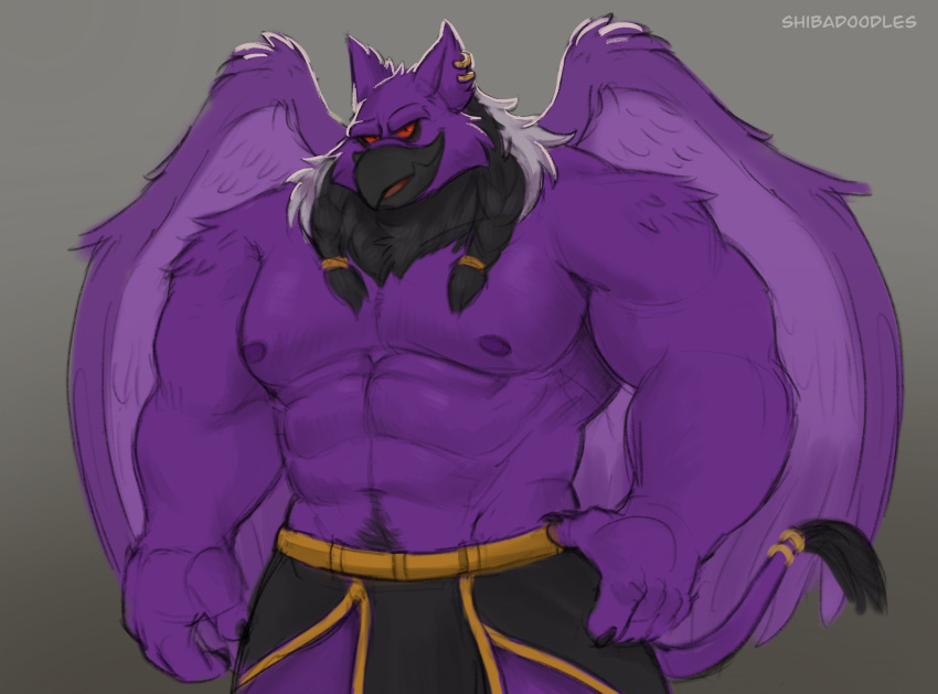 anthro avian big_muscles ear_piercing ear_ring gryphon hi_res jumpstart_games logo looking_at_viewer lord_kass male mostly_nude muscular mythological_avian mythology neopets nipples piercing red_eyes ring_piercing seductive shibadoodles solo tail