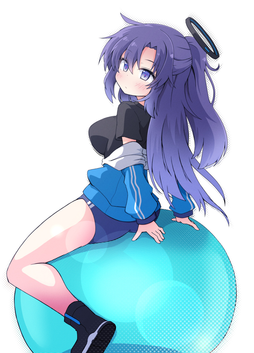 1girl arm_support ass ball black_footwear black_shirt blue_archive blue_buruma blue_coat blush boots breasts buruma coat commentary_request dot_mouth double_vertical_stripe exercise_ball gradient_hair gym_uniform hair_between_eyes halo highres large_breasts long_hair looking_at_viewer mechanical_halo multicolored_hair name_tag purple_hair shirt short_sleeves sideboob simple_background sitting sitting_on_ball solo white_background yuuhi_alpha yuuka_(blue_archive) yuuka_(track)_(blue_archive)