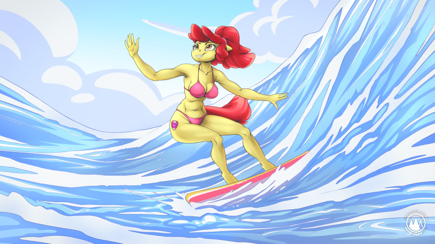 2023 aged_up anthro apple_bloom_(mlp) bikini breasts clothing collarbone cutie_mark earth_pony equid equine eyebrows eyelashes female friendship_is_magic fur hair hasbro hi_res horse mammal my_little_pony mysticalpha navel orange_eyes outside pink_bikini pink_clothing pink_swimwear pony ponytail red_hair sea solo surfboard surfing swimwear water yellow_body yellow_fur