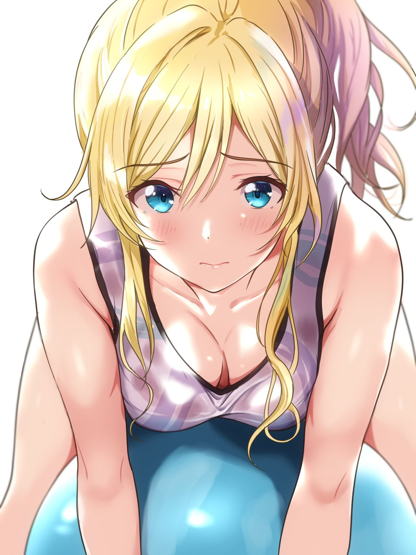 1girl ayase_eli ball bent_over blonde_hair blue_eyes borgbutler breasts cleavage closed_mouth collarbone commentary_request exercise_ball hair_between_eyes highres large_breasts light_blush long_hair looking_at_viewer love_live! love_live!_school_idol_project on_ball ponytail solo white_background