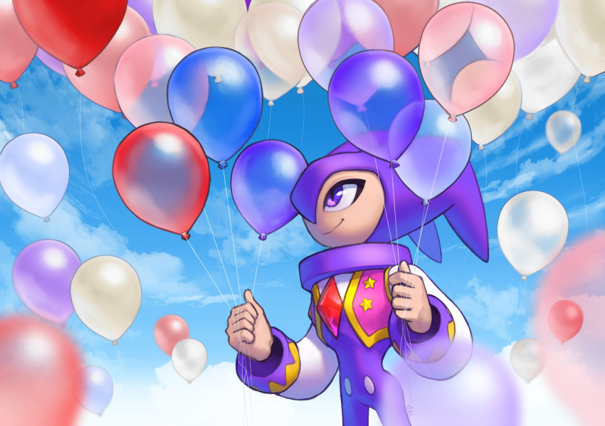 1other balloon bodysuit closed_mouth cloud cloudy_sky hat highres holding holding_balloon jester jester_cap ketrindarkdragon long_sleeves looking_up nights_(character) nights_into_dreams other_focus purple_eyes sky smile solo vest