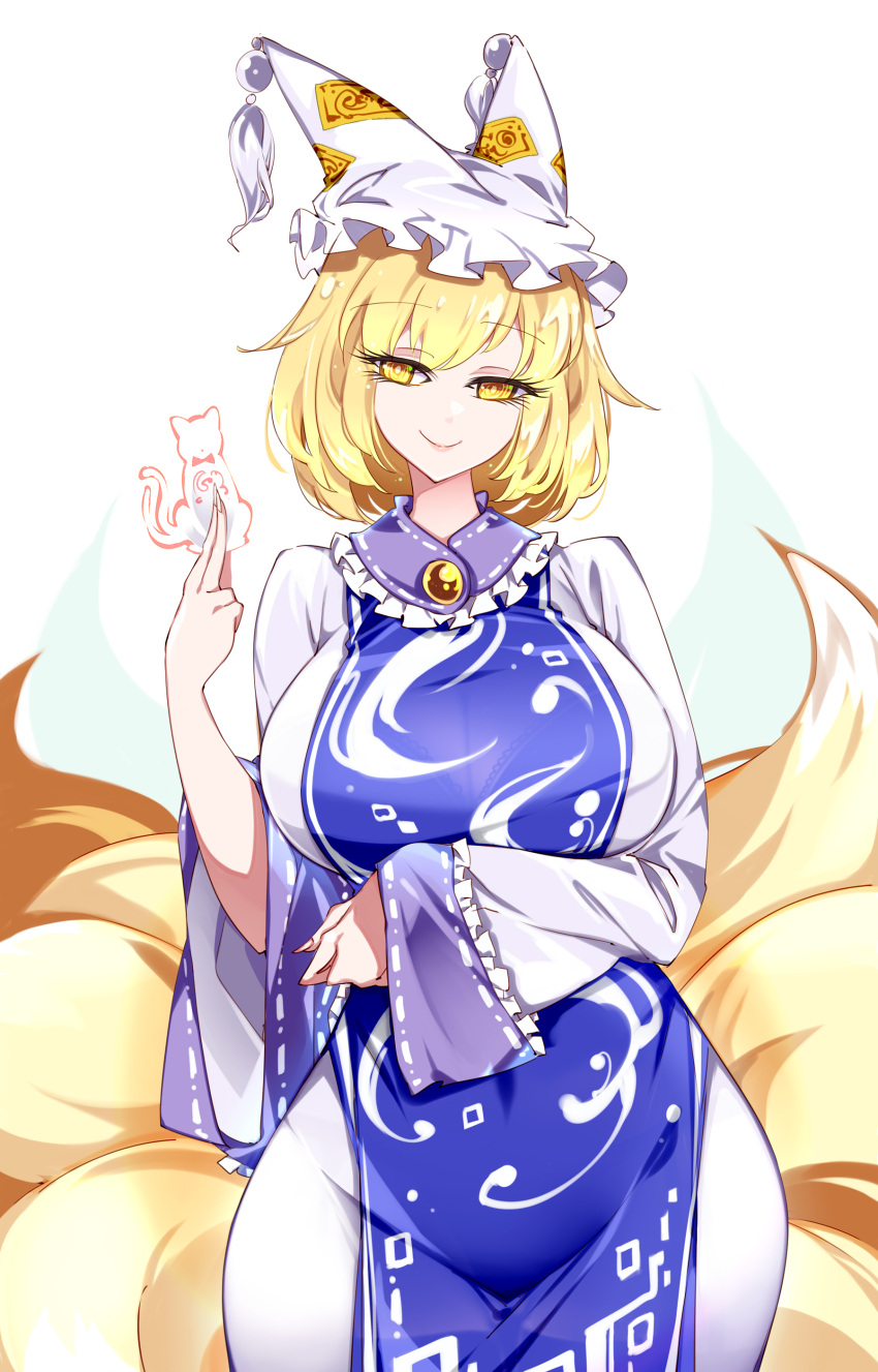 1girl absurdres animal_ears blonde_hair closed_mouth dress fingernails fox_ears fox_tail hat highres long_sleeves mob_cap multiple_tails raptor7 short_hair simple_background smile solo tabard tail touhou unfinished_dream_of_all_living_ghost white_background white_dress white_headwear wide_sleeves yakumo_ran yellow_eyes