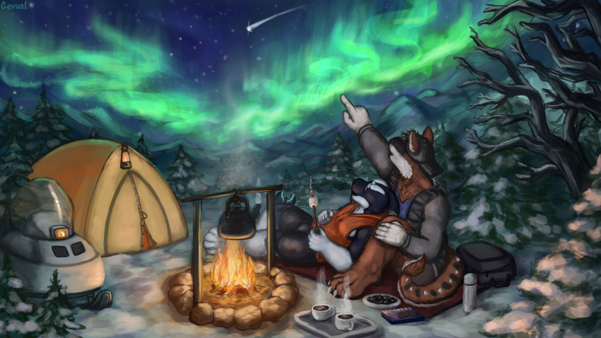 anthro aurora_(phenomenon) campfire camping cetacean dolphin duo food gevual hi_res male male/male mammal marine night oceanic_dolphin orca outside s'more shooting_star sitting snow toothed_whale winter