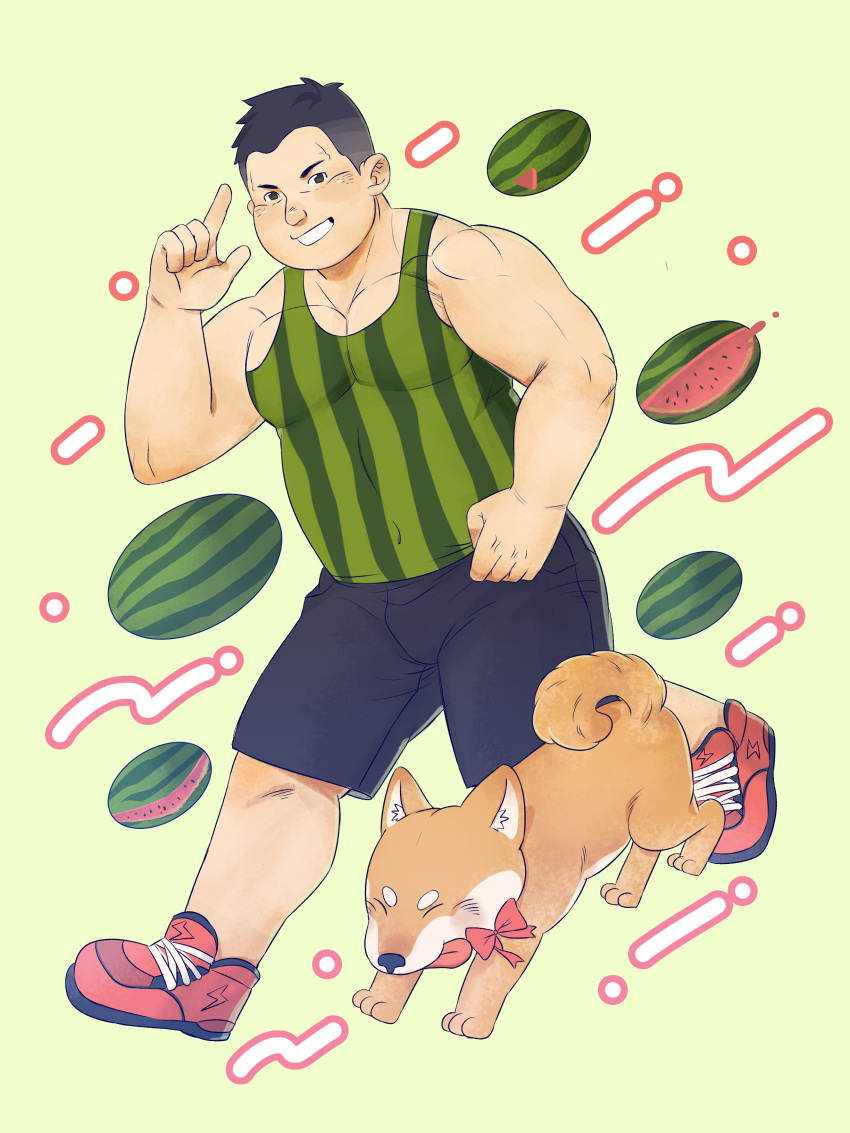 1boy absurdres bara black_shorts bulge daisukebear dog food food_print fruit fruit_background full_body green_tank_top grin highres index_finger_raised looking_at_viewer male_focus muscular muscular_male original pectoral_cleavage pectorals running shiba_inu shoes short_hair shorts sideburns sidepec smile solo tank_top undercut watermelon watermelon_print