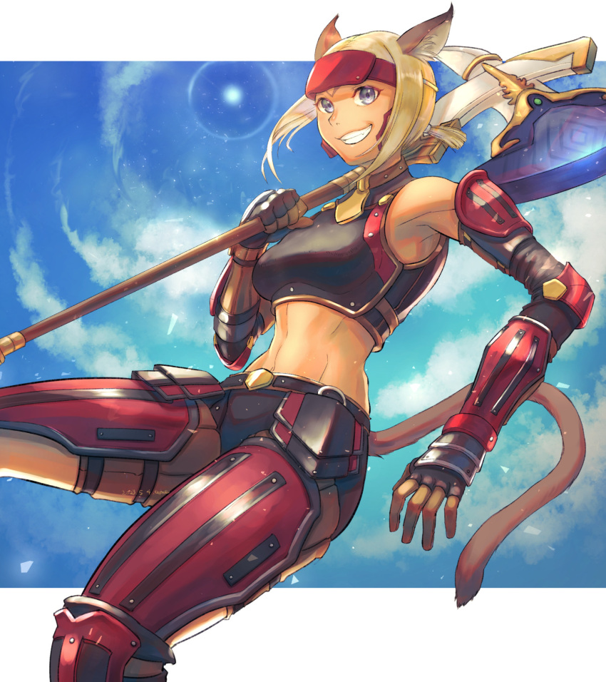 1girl animal_ear_fluff animal_ears arm_guards armor avatar_(ff11) axe bare_shoulders battle_axe black_armor black_gloves blonde_hair blue_eyes blue_sky boobplate breastplate breasts brown_tail cactus41747280 cat_ears cat_girl cat_tail cloud dark-skinned_female dark_skin fang final_fantasy final_fantasy_xi fingerless_gloves forehead_protector gloves grin highres holding holding_axe medium_breasts midriff mithra_(ff11) navel over_shoulder red_armor short_hair short_ponytail sky smile solo tail teeth warrior_(final_fantasy) weapon weapon_over_shoulder