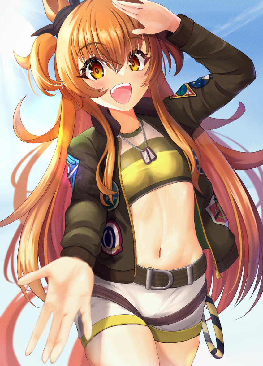 1girl absurdres animal_ears belt blush bomber_jacket breasts cowboy dog_tags ear_ornament hair_between_eyes highres horse_ears horse_girl horse_tail jacket long_hair looking_at_viewer mayano_top_gun_(umamusume) midriff navel open_clothes open_jacket open_mouth orange_eyes orange_hair outdoors outstretched_arm salute shorts shuten_(shutehaan) sky small_breasts smile solo tail teeth umamusume upper_body upper_teeth_only very_long_hair white_shorts