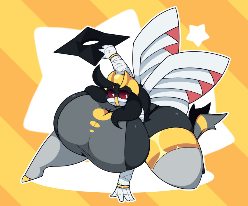 anthro big_breasts big_butt black_hair breasts butt dewy-eyedboy female generation_3_pokemon hair hi_res huge_breasts huge_butt huge_thighs hyper hyper_breasts ninjask nintendo pokemon pokemon_(species) ranged_weapon red_sclera shuriken solo thick_thighs unknown_character weapon white_eyes wings yellow_body