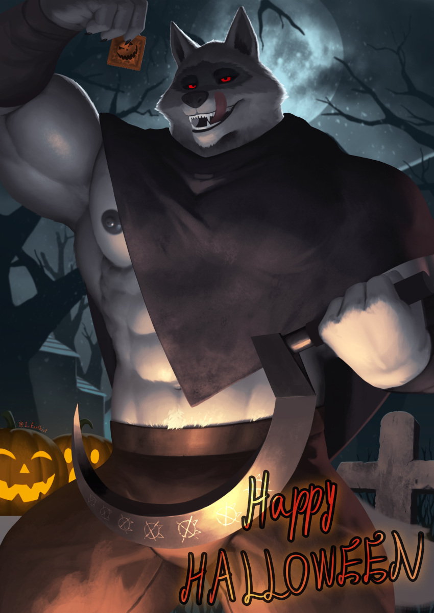 2023 abs absurd_res anthro arm_wraps barazoku bedroom_eyes biceps big_muscles bottomwear canid canine canis claws cloak clothing condom death_(puss_in_boots) dreamworks earthist english_text fence food front_view fruit full_moon fur halloween hi_res holding_condom holding_object holidays huge_muscles jack-o'-lantern licking licking_lips licking_own_lips looking_at_viewer male mammal moon muscular muscular_anthro muscular_male narrowed_eyes navel night nipples obliques open_mouth open_smile outside pants pecs plant poncho pumpkin puss_in_boots_(film) puss_in_boots_the_last_wish seductive serratus sexual_barrier_device sickle sky smile solo standing star starry_sky teeth text tongue tongue_out tree tuft wolf wraps