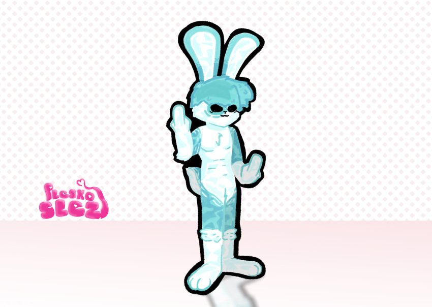 anthro blue_body blue_fur blue_hair czech devious devious_grin fur gesture hair humanoid lagomorph leporid looking_at_viewer male mammal middle_finger nude pleskoslez plesky_(pleskoslez) rabbit simple_background smile solo tail white_body white_fur