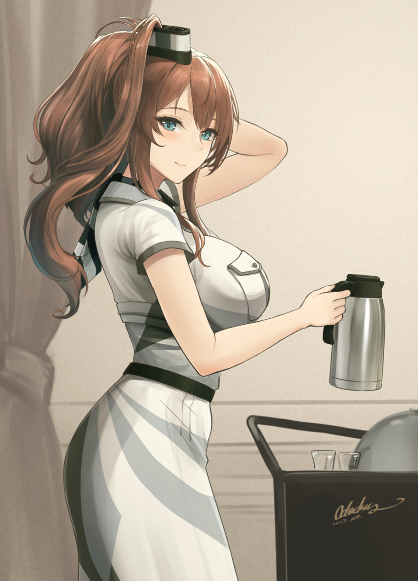 1girl belt blue_eyes blush breast_pocket breasts brown_hair closed_mouth coffee_pot cup dress from_side grey_eyes hair_between_eyes hair_ornament highres holding kantai_collection large_breasts long_hair odachu pocket saratoga_(kancolle) saratoga_mk_ii_(kancolle) short_sleeves side_ponytail sidelocks signature smile smokestack smokestack_hair_ornament white_dress