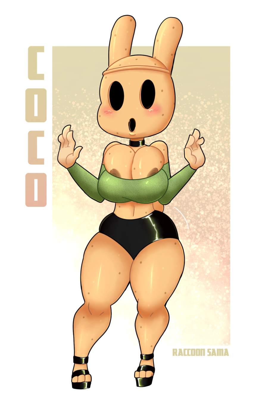 absurd_res animal_crossing animate_inanimate anthro areola areola_slip big_breasts black_bottomwear black_clothing black_eyes black_footwear black_shoes blush blush_lines bottomwear breasts brown_areola choker cleavage cleavage_overflow clothed clothing coco_(animal_crossing) empty_eyes female footwear grey_background gyroid hi_res huge_breasts jewelry lagomorph leporid mammal navel necklace nintendo open_mouth rabbit raccoon_sama simple_background skindentation solo tan_body text thick_thighs white_background wide_hips