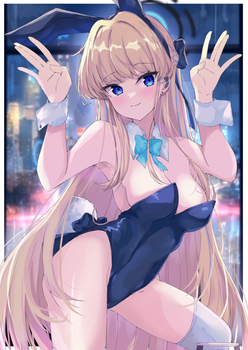 1girl animal_ears bare_shoulders blonde_hair blue_archive blue_bow blue_eyes blue_hairband blue_leotard blush bow bowtie braid breasts closed_mouth contrapposto detached_collar ear_piercing earpiece fake_animal_ears hairband halo highleg highleg_leotard highres karappo_(poket12) leotard long_hair medium_breasts official_alternate_costume official_alternate_hairstyle open_hands piercing playboy_bunny rabbit_ears rabbit_pose smile thighhighs thighs toki_(blue_archive) toki_(bunny)_(blue_archive) very_long_hair white_thighhighs wrist_cuffs