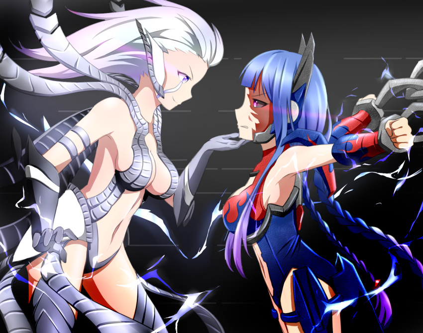 2girls backless_leotard blood blood_on_face blue_hair blue_leotard bound braid breasts center_opening clenched_hands clothing_cutout cuffs electricity eye_trail floating_hair from_side genderswap genderswap_(mtf) gloves gradient_hair grey_gloves grey_leotard grey_thighhighs hair_slicked_back hand_on_another's_chin highres humanization keven_(ewdx3754) leotard light_trail multicolored_hair multiple_girls navel open_hand optimus_prime purple_eyes purple_hair quintessa shackles sideboob smile stomach_cutout thighhighs transformers transformers:_the_last_knight transformers_(live_action) twin_braids v-shaped_eyebrows