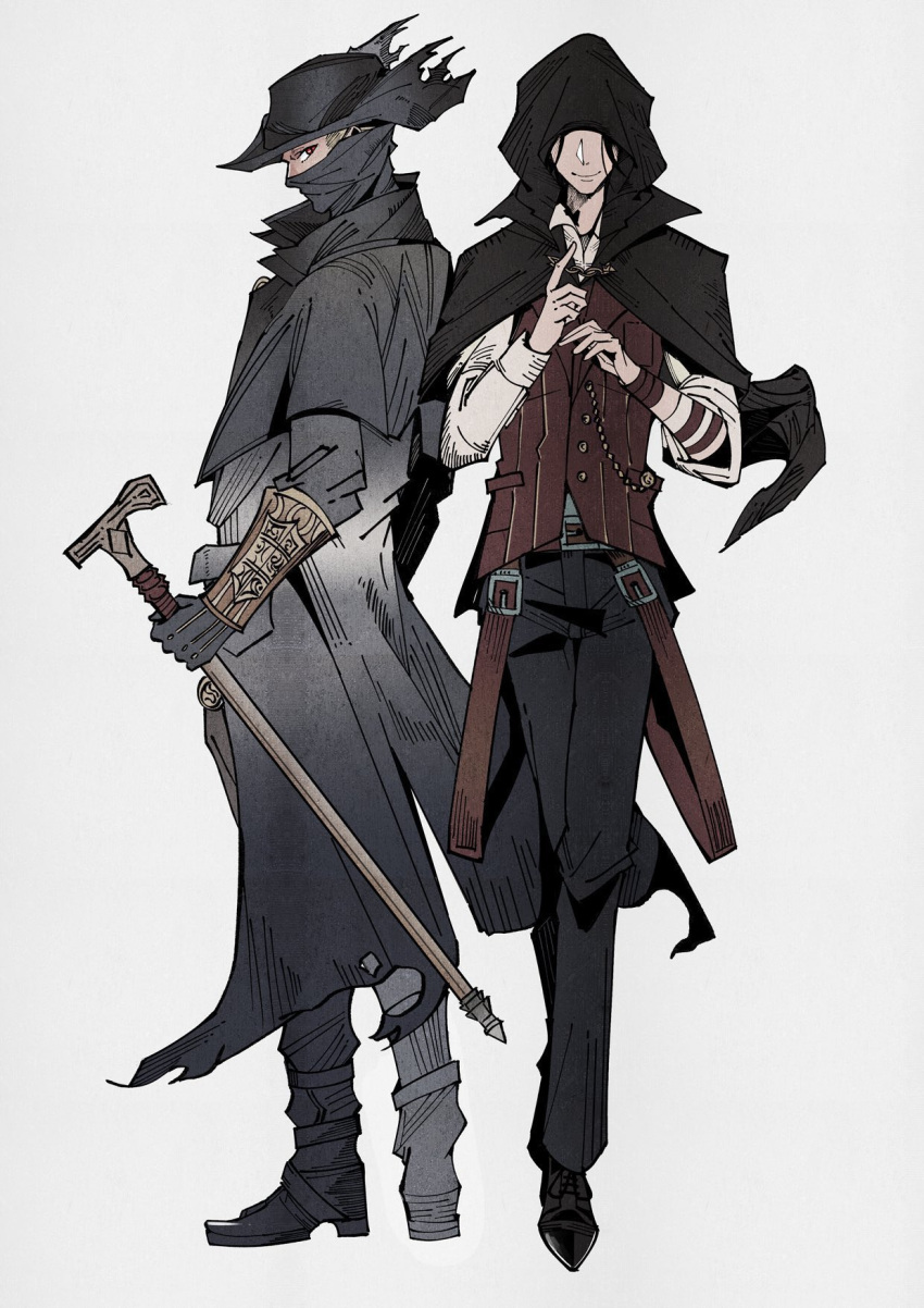 2boys belt black_footwear black_hair black_headwear black_pants bloodborne cane cloak denny626 gauntlets grey_footwear grey_jacket hat highres holding holding_cane hood hooded_cloak hunter_(bloodborne) jacket loose_belt mask mouth_mask multiple_boys pants shoes simple_background smile threaded_cane tricorne white_background