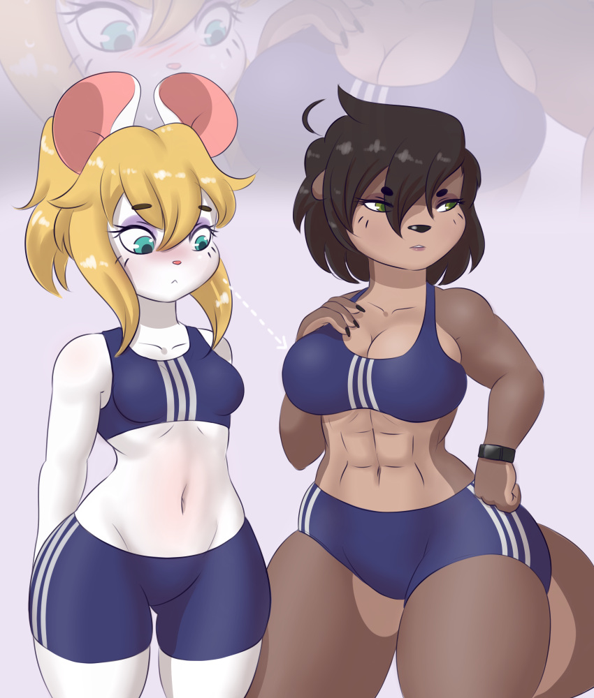 2023 abs anthro blush bra clothing crossgender digitigrade duo female hi_res looking_at_breasts mammal marvin_(mr-shin) mouse mr-shin murid murine muscular muscular_anthro muscular_female mustelid otter rodent shin_(mr-shin) sports_bra sports_bra_difference_meme sportswear thick_thighs underwear wide_hips zoom_layer