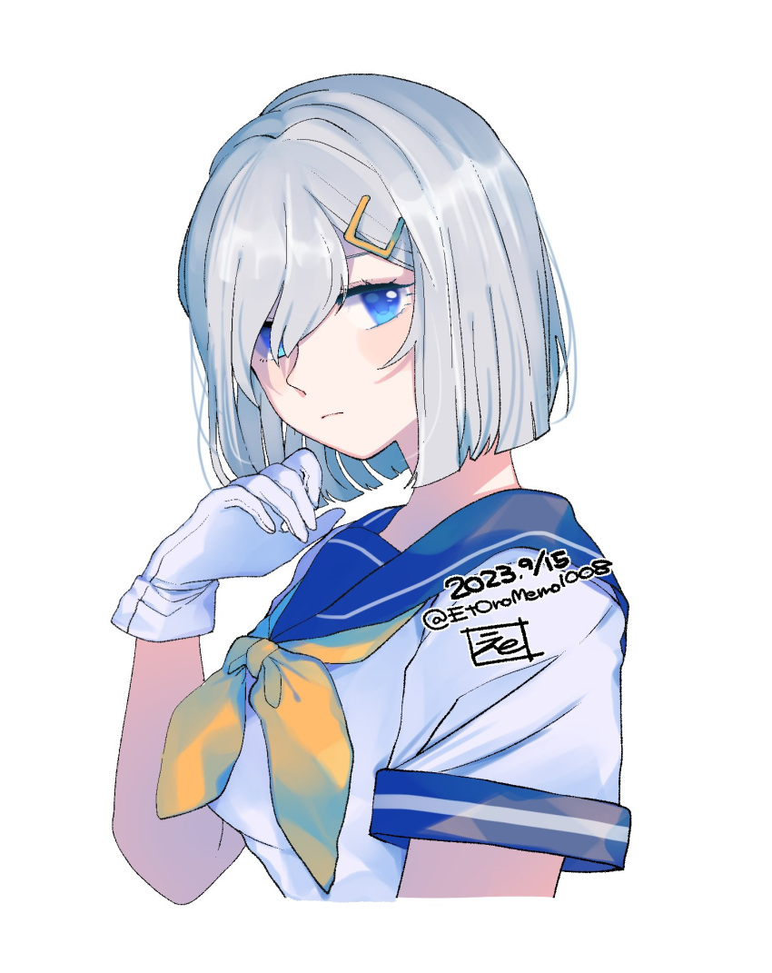 1girl blue_eyes blue_sailor_collar blush breasts closed_mouth commentary cropped_torso dated eto_(etonomemo1008) gloves hair_between_eyes hair_ornament hair_over_one_eye hairclip hamakaze_(kancolle) highres kantai_collection large_breasts looking_at_viewer neckerchief one-hour_drawing_challenge sailor_collar short_hair short_sleeves signature simple_background solo symbol-only_commentary twitter_username upper_body white_background white_gloves yellow_neckerchief